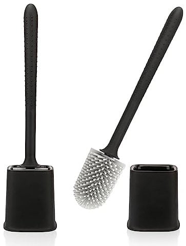 Canvint Silicone Toilet Brush Set, 2 Pack Deep Cleaning Brush with Quick Drying Holder, Flexible Long Handle (Black)