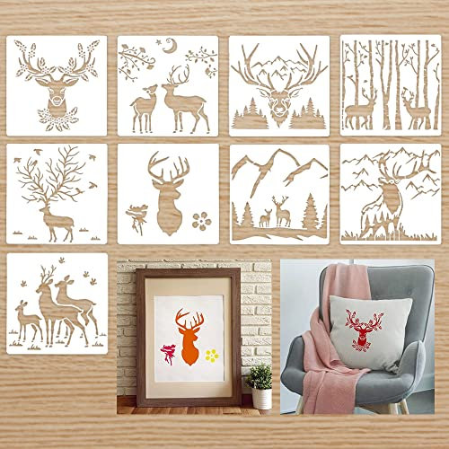 LYTIVAGEN 9 Stück Hirsch Stencil Schablonen Hirsch Malerei Schablonen Wald Hirsch Berg Zeichnen Vorlagen Tiere Zeichnungs Schablonen Hirsch Malschablone für Scrapbooking DIY weihnachtskarten, 28x28cm