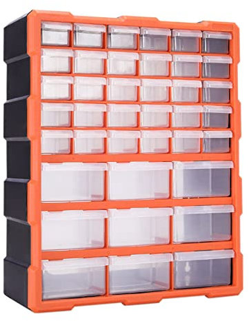 DIY Tool Bits Storage Organiser, 39 Multi Drawers Plastic Cabinet Box for Garage Workshop, Small Parts Hardware and Craft Cabinet Orange Wall Mount