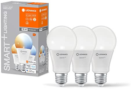LEDVANCE Smarte LED-Lampe mit WiFi Technologie, Sockel E27, Dimmbar, Lichtfarbe änderbar (2700-6500K), ersetzt Glühlampen mit 100 W, SMART+ WiFi Classic Tunable White, 3er-Pack