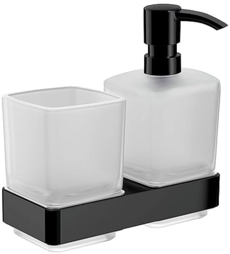 EMCO Loft Glashalter zur Wandmontage, Elegante Halterung mit 1 Seifenspender und 1 Zahnputzglas, hochwertiges Bad Zubehör aus Aluminium und Kristallglas, schwarz matt und satiniert
