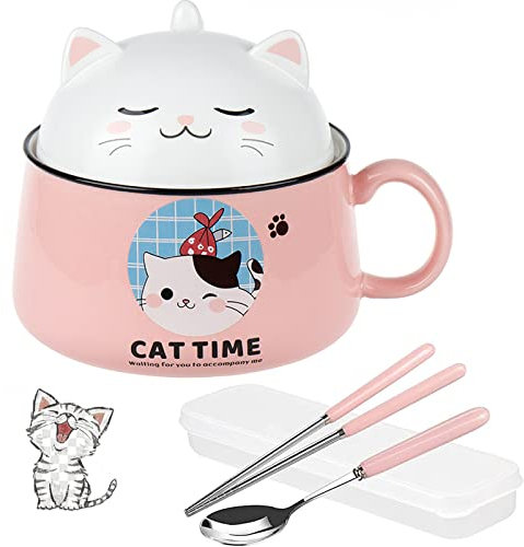 Ramen Schüssel mit Deckel Müslischalen, Kawaii Katze Salatschüssel und Henkel, 1020mL Ramen Bowl Instant Nudelschale Keramik Suppenschüssel, Pastaschüsseln Dessertschalen Nudeln Suppe für Kinder-Rosa
