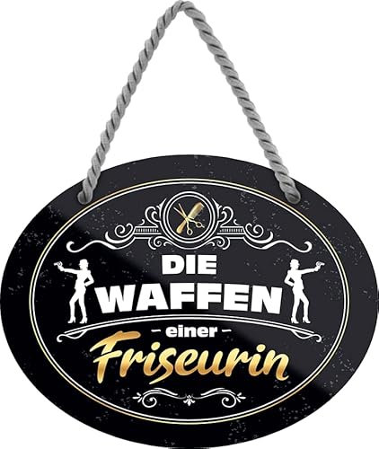 schilderkreis24 – Blechschild Lustiger Spruch “Die Waffen einer Friseurin“ Deko Geschenkidee Mann Frau 18x14cm