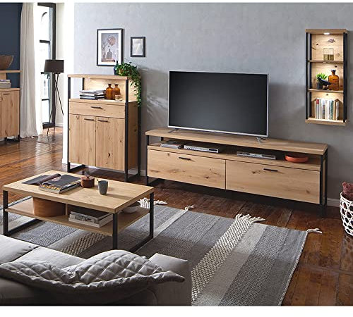 Lomadox Wohnwand Set mit Couchtisch in Eiche Bianco geölt, mit LED Beleuchtung und Fernbedienung