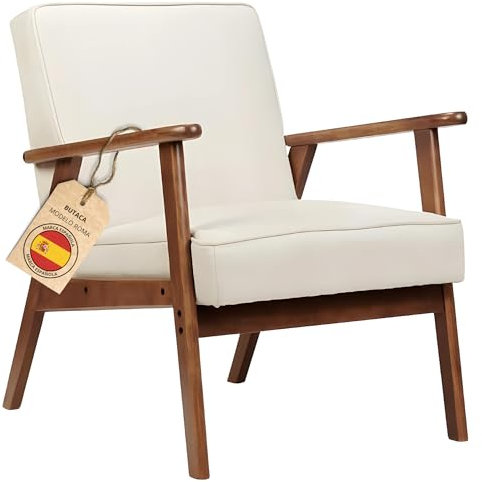 HOME DESIGN & CONFORT Fauteuil Roma anti-taches de style nordique - Fauteuils de salon en bois massif - Fauteuil de chambre (beige/noyer)