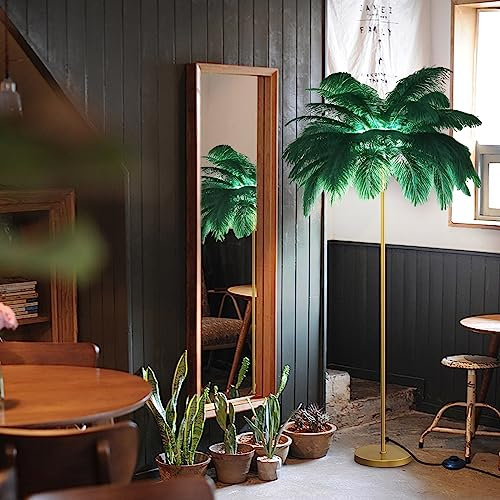 LDIEUWUET Stehlampe, Federlampe mit natürlichen Straußenfedern, Moderne Stehlampe Federn Lampe,Wohnzimmer Feder Stehleuchte für Wohnzimmer, Schlafzimmer, H160cm