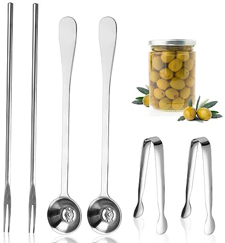 6 Pieces Long Handle Pickle Fork Olive Spoon with Drain Hole Strainer Kitchen Serving Tongs Set, Stainless Steel Pickle Picker for the Jar Cucumber Arugula Caper