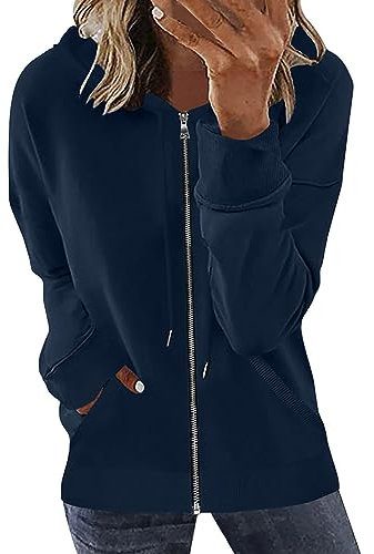 Sweat à capuche zippé à manches longues décontracté côtelé pour femme - Cardigan ample et confortable - Veste mi-saison d'automne avec poches, 2#Bleu marine, S