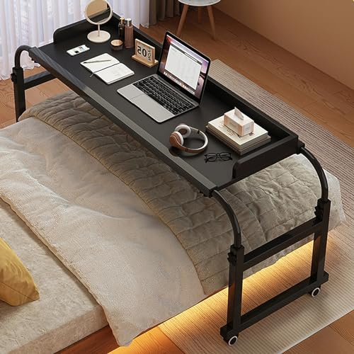 GXQFC Überbetttisch mit Rollen, Pflegetisch auf Rollen Höhenverstellbar Schreibtisch PC Tisch über Bett Computertisch Mobile Laptop Notebookständer für Schlafzimmer/Krankenhaus(Color:Schwarz)