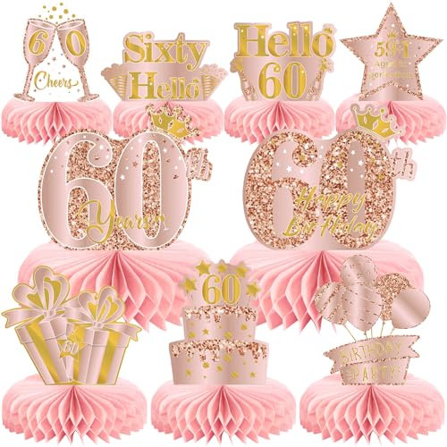 Voxisroma 9 Stück 60 Geburtstag Deko,Deko 60. Geburtstag Frauen,Roségold Rosa Bienenwabe Mittelstück Tischdeko Geburtstag,60 Geburtstag Party Deko Supplies,Geschenke Für Frauen Zum Geburtstag