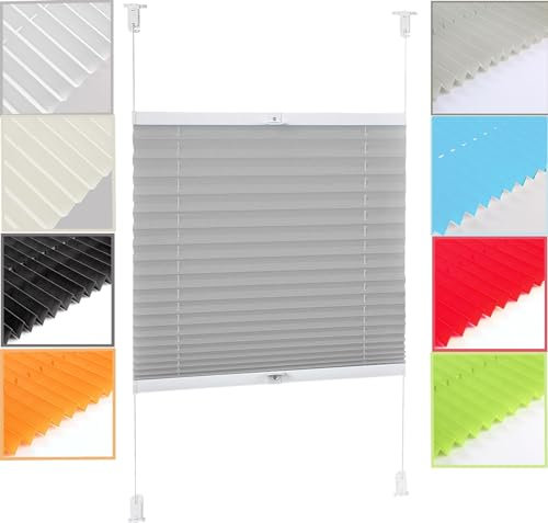 Solo Plissee ohne Bohren, 95 x 210 cm ohne Bohren Verdunklung Thermo Verdunklungsplissee für Fenster & Tür, inkl.Klemmträger für Tür & Fenster, Hellgrau