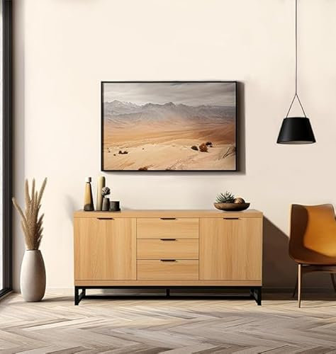 Hallowood Furniture Newquay Large Sideboard with Metal Base, 3 Drawers & 2 Compartments Storage Cabinet, Light Oak Effect Sideboards for Living Room & Bedroom (150cm)