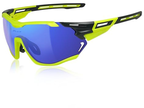 ICECUBE VENTURA Hochleistungs-Sonnenbrille: Anti-Beschlag-PC-Gläser, belüfteter TR90-Rahmen, 100% UV-Schutz, ideal für Sport und Radfahren (BLK-Y/Blue)