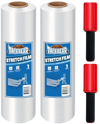 TAPEBEAR Shrink Wrap with Handles, Clear Pallet Wrap 380mm x 230m, Stretch Wrapping Film Industrial Strength Plastic Wrap Water & Moisture Proof for Moving House, Furniture, Carpet Protection, 2Rolls
