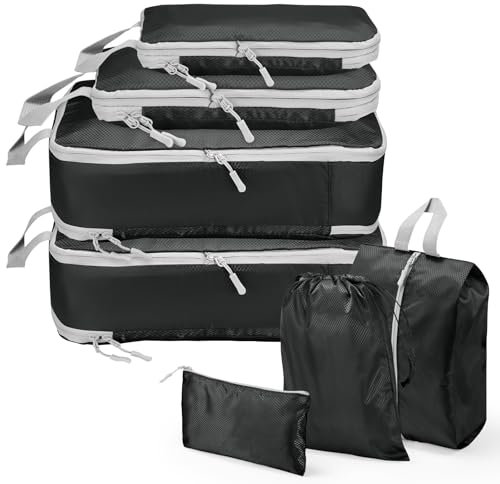 Compression Packing Cubes, Travel Storage Bag Set - Organizer Bags for Suitcase & Carry On Luggage (Black, 7 Pieces)