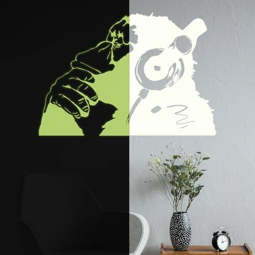 Banksy Wandtattoo Affe mit Kopfhörern, leuchtet im Dunkeln, Schimpanse, Musikhörer, 197 x 137 cm