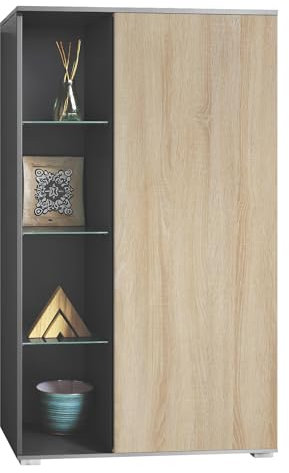 Vladon Vitrine Davos, Made in Germany, Standvitrine mit 3 Glasböden und 8 Fächer, Anthrazit matt/Eiche sägerau (71,5 x 134 x 35 cm)