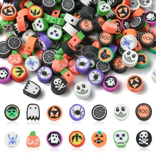 Stiesy Halloween-Perlen aus Ton, Totenkopf, Fledermaus, Kürbis, handgefertigt, Polymer, Abstandshalter, Bastelperlen, Großpackung für DIY-Schmuckherstellung, Armband, 200 Stück