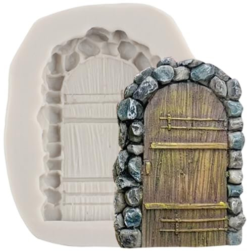 MINFEIDMS Enchanted Vintage Fairy Garden Fairy Gnome Home Door Silicone Fondant Mould Stone Texture Door Chocolate Candy Moulds for Sugar Cake Decorating Cupcake Topper Gum Paste Polymer Clay