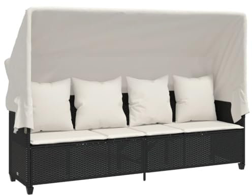 Makastle 4-Sitzer Sofa mit Dach und Kissen, Garten Schlafsofa Gartenliege Outdoor Sofa Couch Liege Sonnenliege Terrassenliege, Verstellbare Rückenlehne, Schwarz Poly Rattan