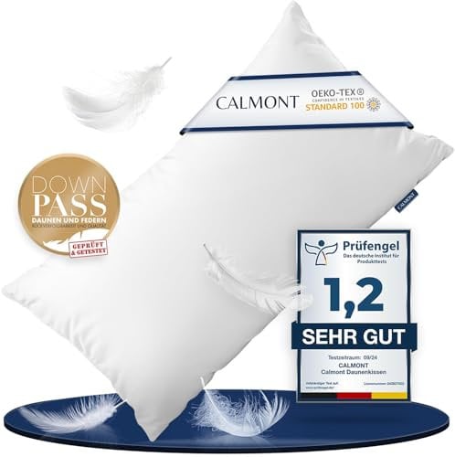 CALMONT 3-Kammer Daunenkissen 40x80 I flauschig & Allergiker geeignet I Langlebig & Atmungsaktives Bettkissen I Federkopfkissen I Federkissen 40 x 80 cm Kopfkissen Daunen