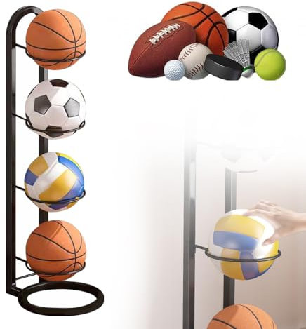 Dhqkqg Ball Storage Rack, 4 Tier Removable Football Holder, Durable Football Stand, Basketball Ball Stand Organizer, Vertical Ball Rack Display Stand for Basketball Football Storage Indoor Outoor