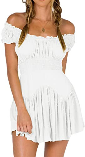 Edhomenn Women's Short Sleeve Off-Shoulder Mini Dress - Casual Sexy Solid Color Ruffle Party Beach Streetwear Y2k (09 White, S)