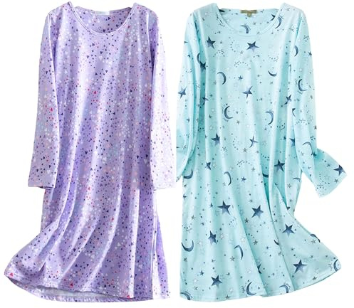 BERDITH 2 Pack Nighties for Women Long Sleeve Nightdress Cotton Blend Ladies Nightshirt Nightdresses Womens Plus Size Nightie Night Dress UK 26-28 Blue star Gift Mum Mummy Mothers Day