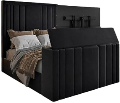 Harlem TV Bed with Built-In Storage and Hidden TV Lift – Stylish Upholstered Bed Frame with Integrated Entertainment System (Black, Double)