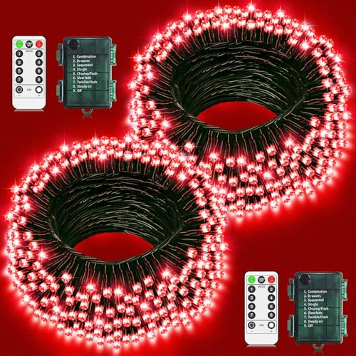 JXLEDAYY 2 Pack Christmas Lights Outdoor Decorations Battery Fairy Lights Total 20M 200LED Battery Operated String Lights Waterproof with Remote Timer 8 Modes for Outside Garden Patio Party Indoor