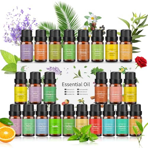 Ätherische Öle Set 24 x 10 ml, 100% Naturrein Aroma Duftöl Rosmarin, Weihrauch, Ylang-Ylang, Bergamotte, Patchouli, Eukalyptus etc Essential Oils für Diffuser, Seife, Kerzen, Luftbefeuchter, SPA