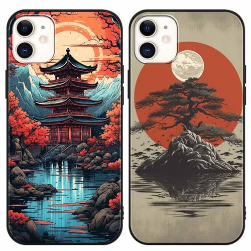 2 Pack Phone Case For iPhone 13/iPhone 14 6.1'', Anime Pine trees Japanese Aesthetics AI Cartoon Manga Pattern Shockproof Soft Aesthetics Design Full lens Protection Cover for Children Boy Girl