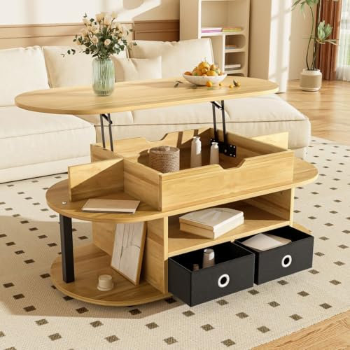 Sweiko Table Basse multifonctionnelle avec Plateau relevable et Porte en rotin, Table de Rangement de Salon avec Espace de Rangement Pratique et Design Fonctionnel (105 L x 50 B x 45 H)