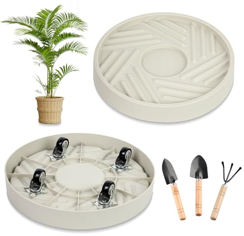 UoeRing Plant Caddy with Hidden Wheels 10 Inch Heavy Duty Rolling Plant Stand, Indoor Outdoor Plant Saucer Tray with $9.9 Garden Tools (Beige)