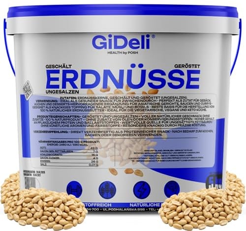 GiDeli Erdnüsse Geröstet ohne Salz und Öl 5kg im Eimer - Großpackung ungesalzener naturbelassener