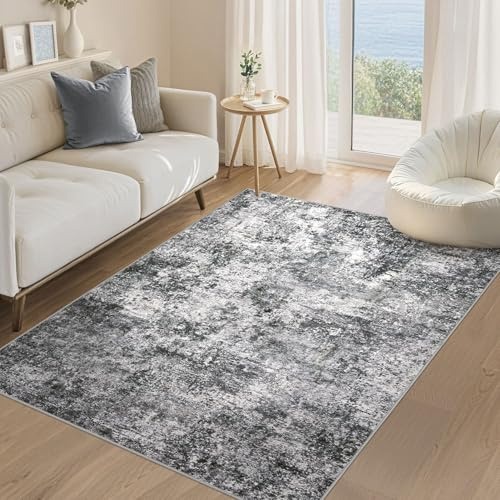 DMOYEST Teppich Wohnzimmer Modern 120x180cm Dunkelgrau Waschbar | Kurzflor Weich Maschinenwaschbar Rutschfest, Kinder und Haustierfreundlich für Schlafzimmer Esszimmer Büro
