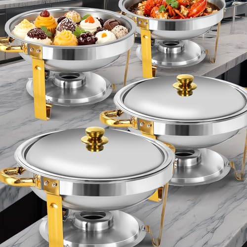 PRIJESSE Chafing Dish Buffet Set Full Size Stainless Steel, Golden Round Catering Warmer Set with Food and Water Trays for Kitchen Party Banquet (4QT 4 Pack)