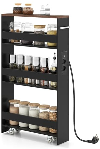 GIANTEX Nischenregal 13cm breit, Nischenschrank Nischenwagen mit Ladestation, Küchenregal auf Rollen, schmaler Küchenschrank Küchenwagen, Badregal Rollwagen Holz 4 Etagen, Schmales Regal für Küche