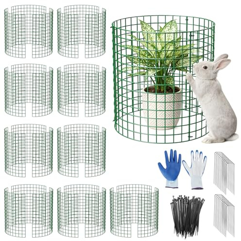 MQJIAZHI 10er Set Pflanzen Schutzgitter, 33cm Hohes Grünes Metall Pflanzenschutzkäfig mit Handschuhen, Kabelbinder & Erdpfählen, Wiederverwendbarer Pflanzenschutz, Schutz vor Kaninchen & Kleintiere