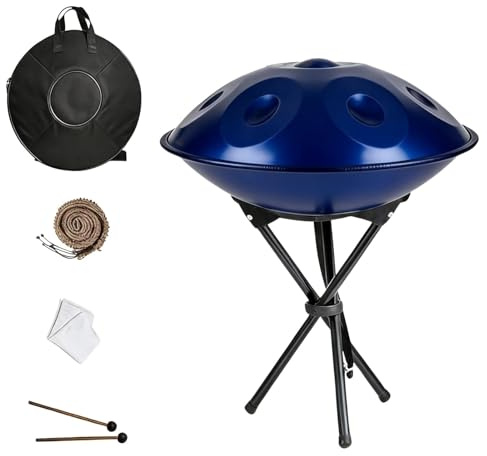 Handpan 22 Zoll für Klangheilung 9 Töne 10 Töne 12 Töne Hand Pan Drum für Meditation Handpan Drum 440HZ/432HZ mit Soft Bag Mallets Ständer Seilkante Cleaning Cloth(Blau,432HZ/10 Note)