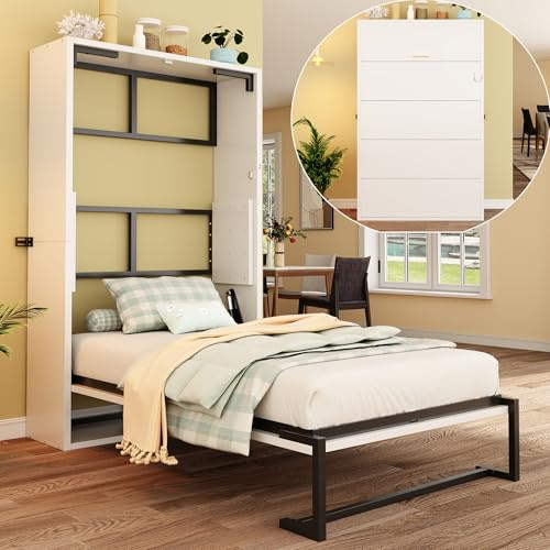 Schrankbett 90x200, Metallrahmen Wandbett mit Lattenrost, Klappbett mit Schrank, Wandklappbett Murphy Bett Funktionsbett Vertikal Bettschrank mit verriegelbarer Wandbefestigung, Ohne Matratz, Weiß