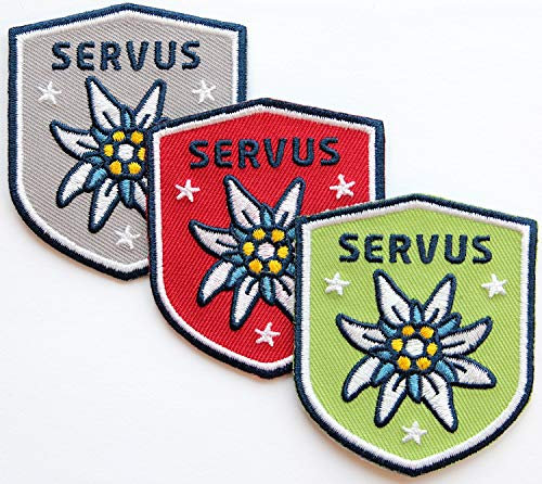 3 x Edelweiss Patch gestickt 51 x 60 mm/Aufbügler Aufnäher Patches Applikation Bügelbild Abzeichen zum aufbügeln aufnähen/Tracht Loden Lederhose Dirndl Janker Filzhut/Club of Heroes (Set B)