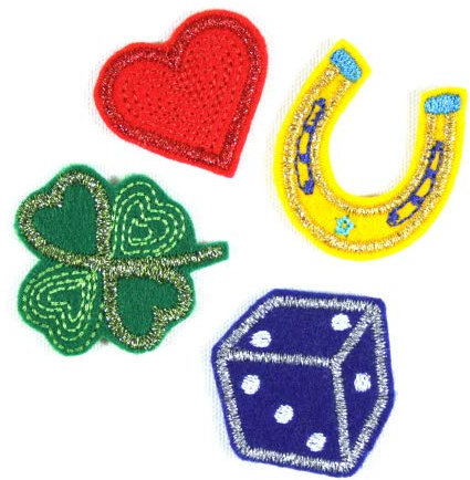 Glitzer 4 Bügelflicken metallic Herz Hufeisen Klee Würfel Glück Set Metallic Patches Aufbügler Flicken zum aufbügeln Bügelbilder für Erwachsene