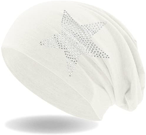 Hatstar Strass Stern Damen Beanie Mütze | elastisches Slouch Long Beanie | Mädchen Mütze | mit edler Strass Applikation | leicht und weich (Weiss)