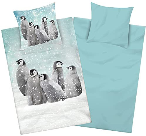 Aminata kids Biber Pinguin Bettwäsche 135x200 Pinguine Kinder & Erwachsene - weich, warm - Flanell Baumwolle mit Reißverschluss Wende-Motiv - Winter-Tiere - Schnee - Petrol, weiß
