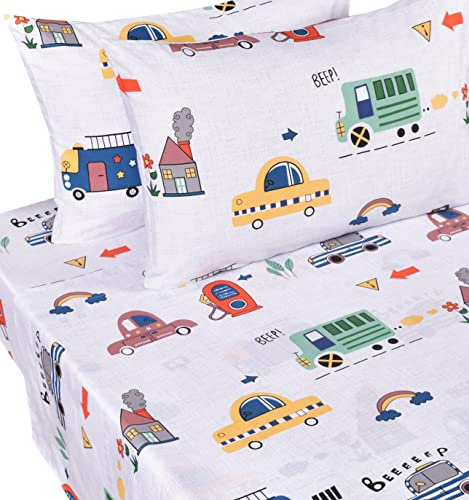J pinno Bettwäsche-Set für Jungen, Motiv: Autos, Bus, Verkehr, Verkehr, komplettes Bettlaken, Schlafzimmer-Dekoration, Geschenk, 100 % Baumwolle, Bettlaken + Spannbetttuch + Kissenbezug (12, Full)