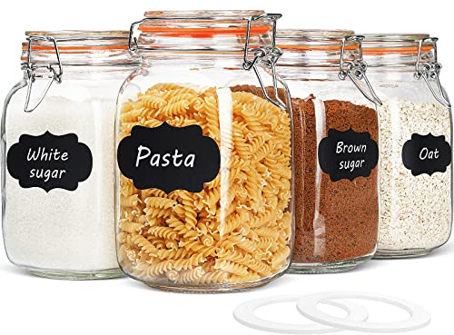 Qianfenie 50 oz Glass Jars with Airtight Lids, Wide Mouth Mason Jars with Clip Top Lids for Kitchen - Square Glass Jars with Chalkboard Labels and Replacement Silicone Gaskets, Set of 4