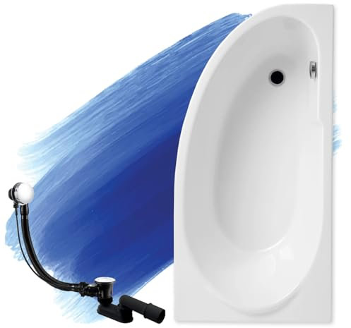 BADLAND Badewanne Original Weiß Acryl Wanne Eckbadewanne MIKI 140x70 Rechts KOMPLETTSET SET + Füßen und Exklusive Chrom Automatik Ablaufgarnitur Made in EU 3in1