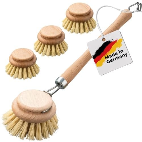 FEINHOLZ® Set de 4 Brosse Vaisselle Bois avec Fibres Naturelles • Set économique composé d'une Brosse a Vaisselle et de 3 têtes de Rechange • Brosse à Vaisselle en Bois Durable • Made in EU