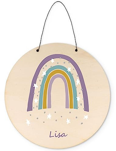 Wunderschönes Türschild mit Namen als Namensschild im Regenbogen Design fürs Kinderzimmer Babyzimmer Mädchen & Jungen - Personalisiertes Geschenk Farbe Mädchen